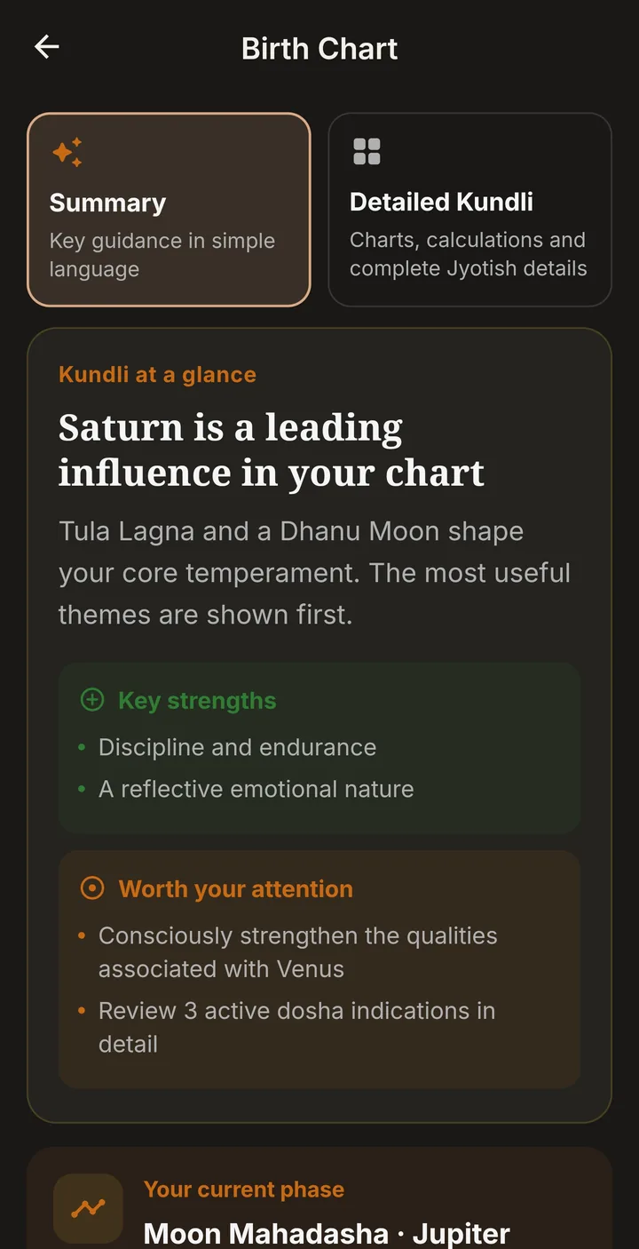 Kundli summary in plain language: Saturn is a leading influence in your chart, with key strengths and the current Moon mahadasha