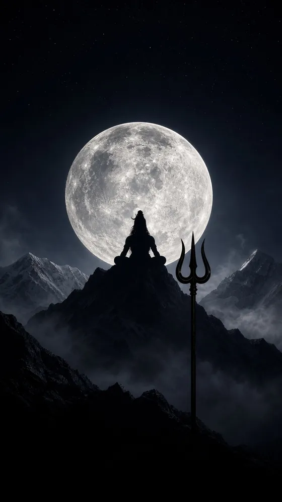 Wallpaper of Shiva on a mountain under the full moon