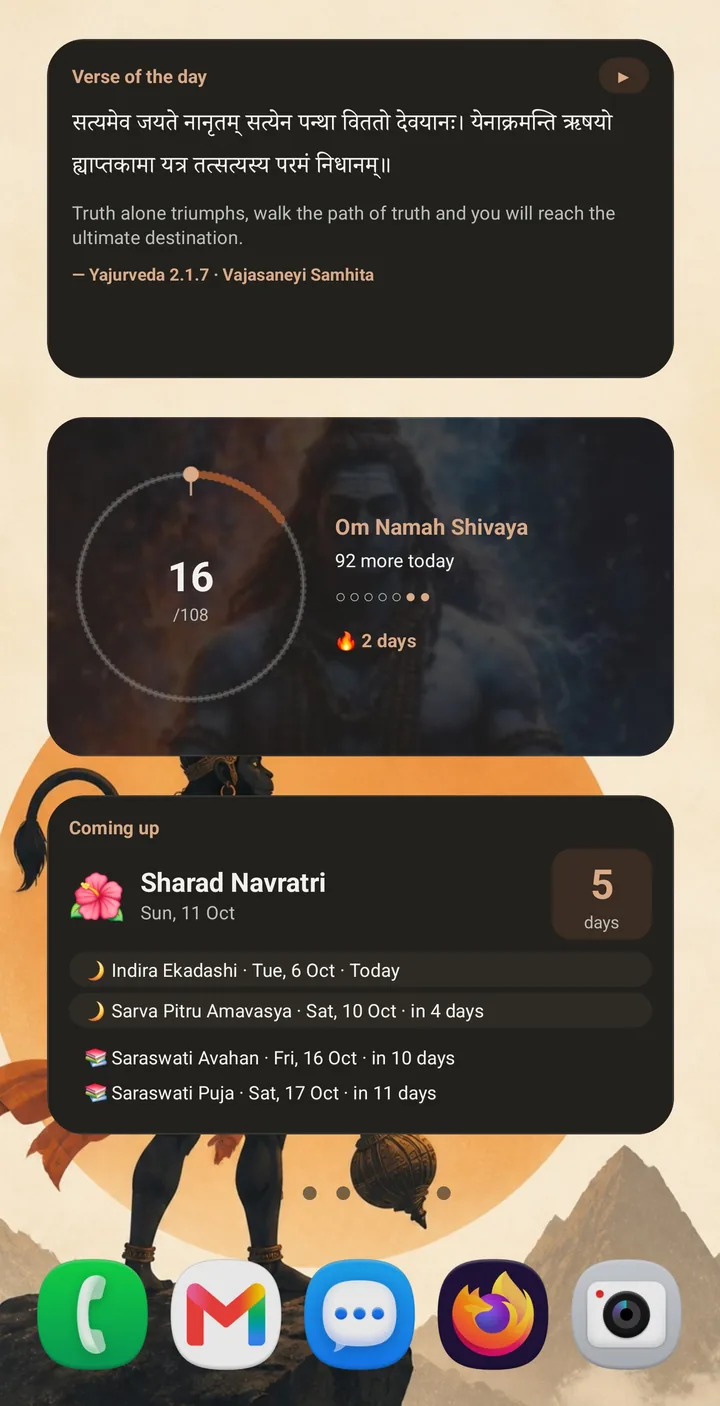 Android home screen with Tattva widgets: verse of the day from the Yajurveda, a japa counter at 16 of 108, and upcoming festivals